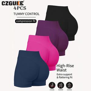 CZGUKE Conjunto de 4 Pzas para Mujer Bermudas de Verano de Cintura Baja sin Costuras para Gimnasio Yoga Running y Ciclismo Alta Elasticidad Tummy Control Compression Fit