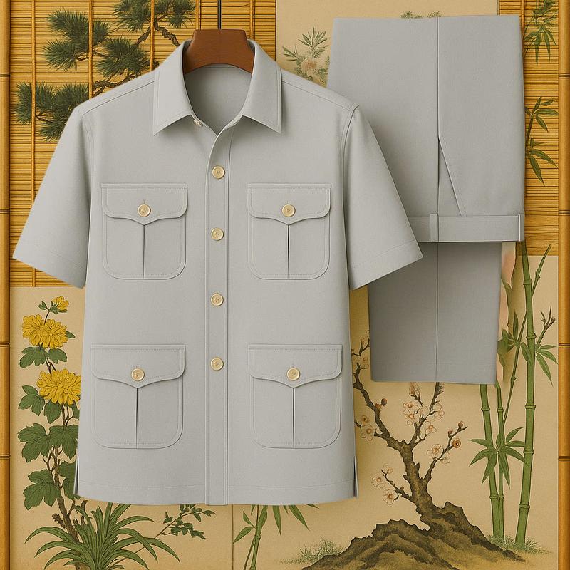  Bộ đồ trung niên nam mùa hè cao cấp – Áo ngắn tay bốn túi có nắp + quần suông mặc nhà đi chùa dạo phố 
