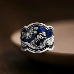 Cincin Elegan Desain Lukisan Mewah Motif Phoenix Silver Enamel Biru / Luxury Painting Phoenix Motif Silver Enamel Blue (Adjustable) Rings