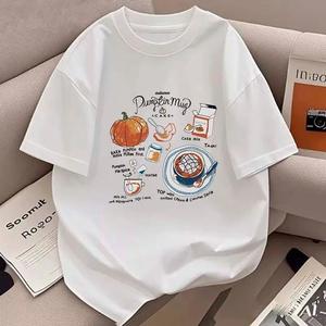 カボチャのアフタヌーンティー柄プリント婦人用半袖Tシャツ、ラウンドネック、ゆったり、純綿カジュアルトップス、ラウンドネック、ショルダーベルト、ゆったりシルエット、通気性、肩落ちデザインプリントTシャツ夏のゆったりタイプ