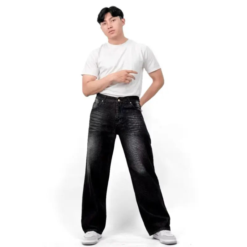 (UNISEX) Celana Jeans Wide Leg Wisker Lebar Gombrong Skena Black -Basic Baggy Pants Hitam - Panjang Pria Denim Straight - Non  Stretch - Non  Slim Fit 6