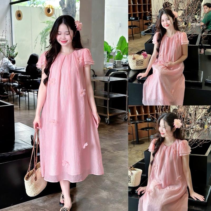 Đầm bầu Shiny voan tơ kết hoa cổ tròn xếp ly tay phồng thướt tha nhẹ nhàng nữ tính cho mẹ mang Tết dự tiệc