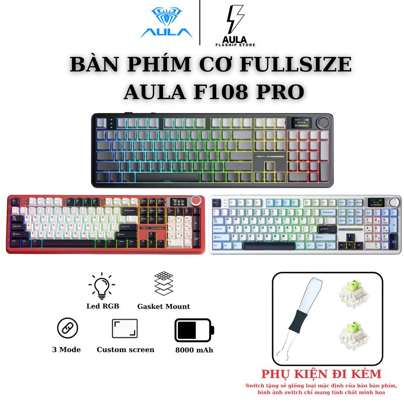 AULA BÀN PHÍM CƠ F108 PRO FULLSIZE 104 PHÍM LED RGB 19 HIỆU ỨNG ÂM THANH TỐT CHẤT LƯỢNG CAO 60 TRIỆU LẦN BẤM KÈM MÀN HÌNH LCD 1.14 INCH & NÚM XOAY ĐA CHỨC NĂNG