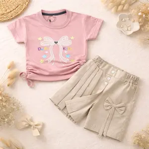 Setelan Baju Anak Perempuan Motif Pita Lucu + Celana/Rok Rempel Kids Kaos Lengan Pendek Korea Style Bisa Serut Samping Outfit Anak Cewek Gemes Usia 1–9 Tahun Bahan Nyaman & Adem