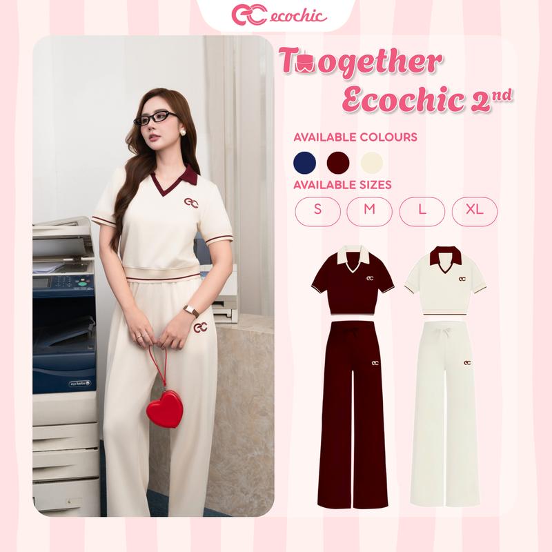 Set Bộ ECOCHIC VINTAGE AGE Áo Croptop Cổ V Polo Quần Ống Suông Cạp Cao Chất Liệu Cao Cấp Mềm Mịn Chính Hãng B177