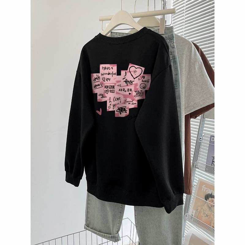 P000283 Hoodie wanita sweater hoodie leher bulat wanita / Catatan tempel berbentuk hati retro Amerika / sweater gaya kebesaran kasual modis  crewneck cewek aesthetic 4