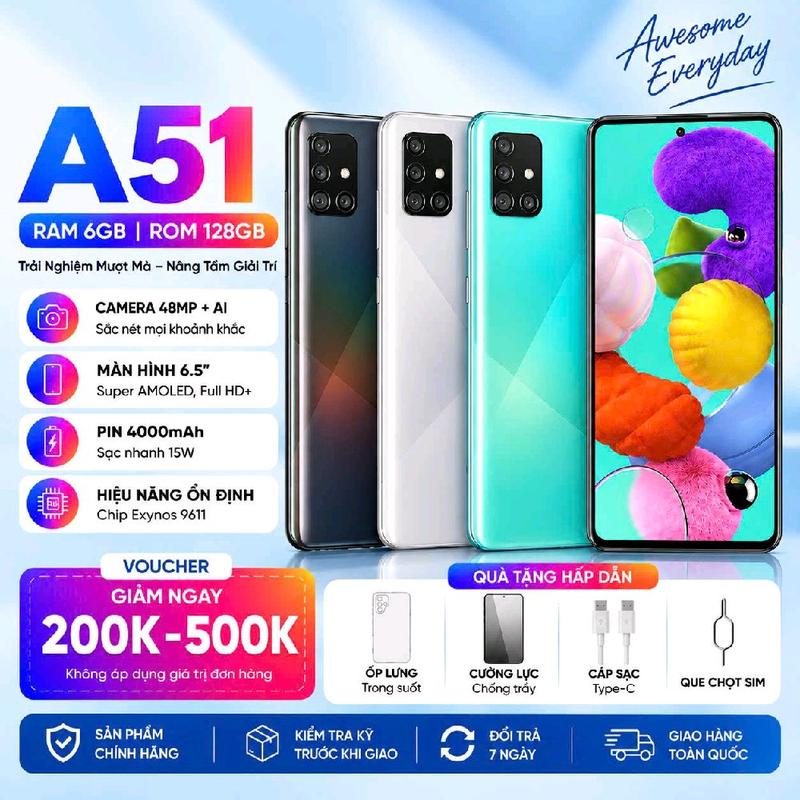 103: 2ND HAND   Đ/Thoại Sam A51 Ram 6/128GB ,Màn Hình Lớn 6.55ind ,Pin 4200Mah ,Sử Dụng 2xim 2 sóng ,lướt Wed Xem Fim Chơi Game Mượt Mà , Bảo Hành 6tháng ,Tặng Sạc Cáp Ốp Lưng ,dùng được mọi áp ngân hàng Ạ