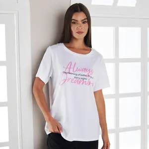 Max Fashions Set Piyama Wanita Slogan Print Cotton Pyjama Set Tidur Celana