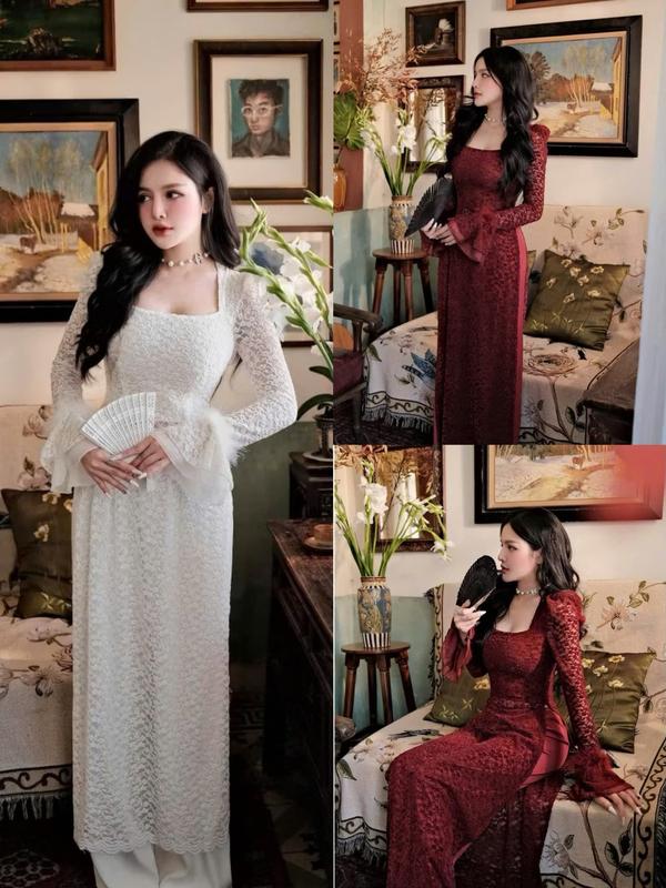  SM - Set áo dài ren cổ vuông tay loe phối lông vũ trắng + quần lụa suông ống rộng diện tết  Áo ren có lót quần lụa  Tết Áo dài 