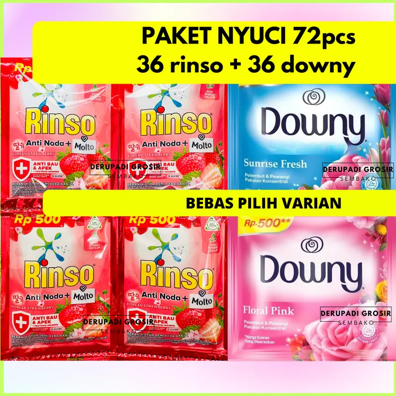 PAKET NYUCI 72-75pcs RINSO + DOWNY Deterjen liduiq pewangi konsentrat rinso 18ml-20ml dan downy 8ml 0
