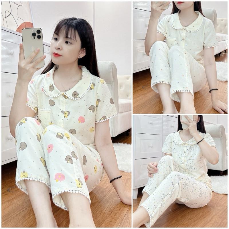 (Châu)Bộ cổ sen phối ren hạt mềm hoạ tiết dễ thương chất đũi mềm mịn mát