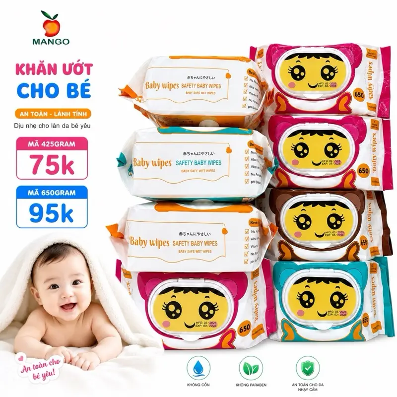 MANGO Khăn Giấy Ướt Babywipe - Thùng 10 Bịch 18x22cm Vải Bi Mềm Mại Không Mùi Không Cồn An Toàn Cho Da Bé Date 2029