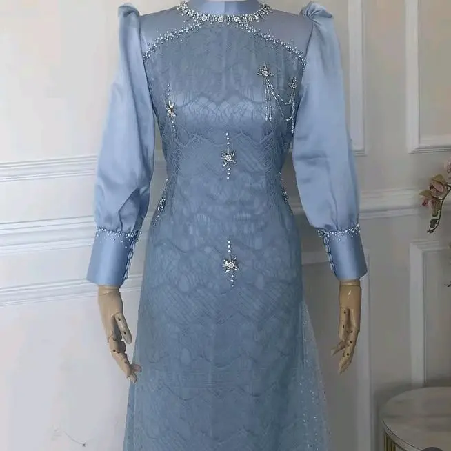 longdress muslim cantik bahan satin silk premium kombinasi tile brokat terbaru elegan look fashion terkini