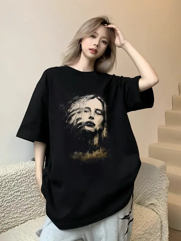 J&W 2025 T-Shirt katun untuk musim panas | Vintage/Cetakan Potret | Kemeja Oval Lengan Pendek | Gaya Gelap High Street | Atasan Longgar | Kemeja Fashion Anak Perempuan | Kaos Bergaya Korea | baju lebar | baju lucu / Panjang Fit Santai Lembut Nyaman 3