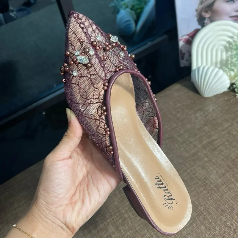 Sepatu Wanita pesta Payet Maryam Brukat Hak 3cm - Ukuran 36-41 - Karet, Kasual, Heels, Shoes, Sendal, Putih 5