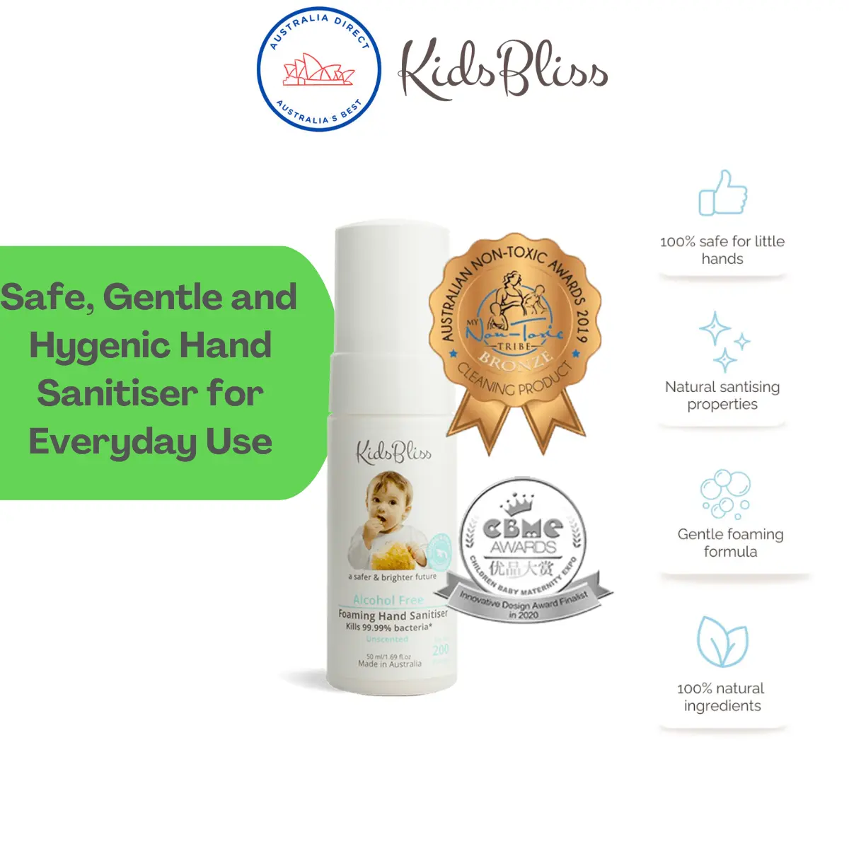 KidsBliss Alcohol-Free Foaming Hand Sanitiser Unscented 50ml