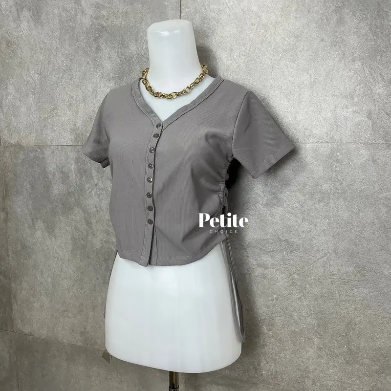 Petitechoice | HANI Top — Atasan wanita knit stretch serut casual slim fitting kancing mati tali crop korean Knitwear  Nyaman Cantik Vneck 8