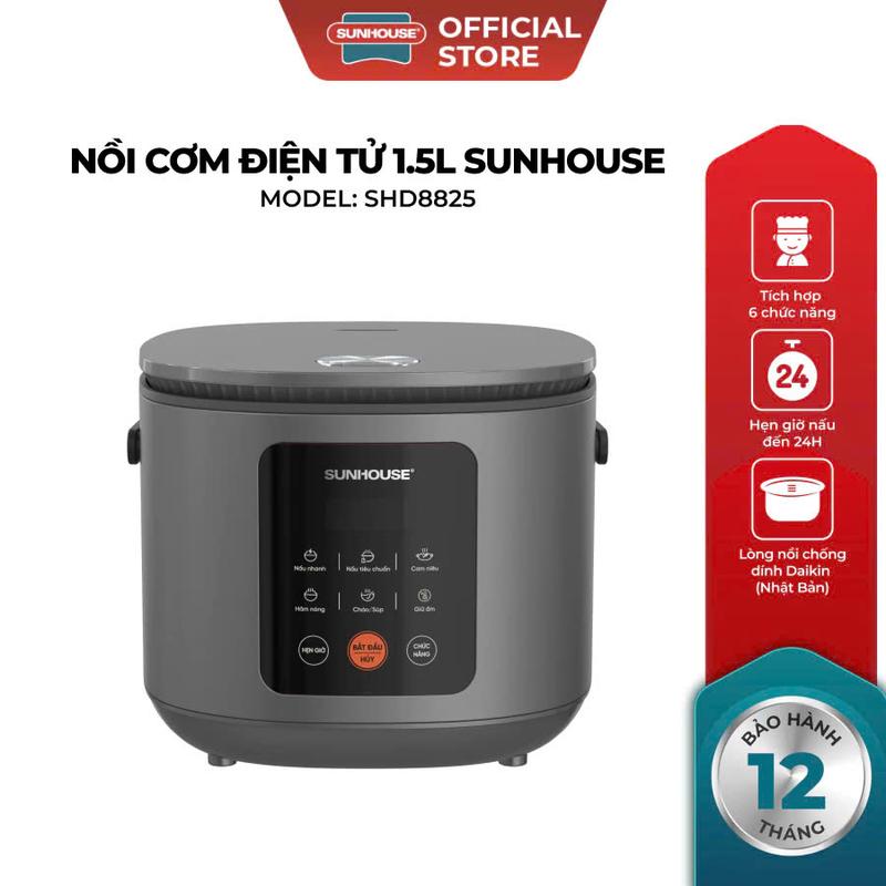 [Quyenleodaily] Nồi cơm điện tử 1.5L Sunhouse SHD8825 - 700W, 6 chức năng - Hẹn giờ nấu 24h - Chống dính Daikin 2 lớp - Lòng nồi 1.2mm