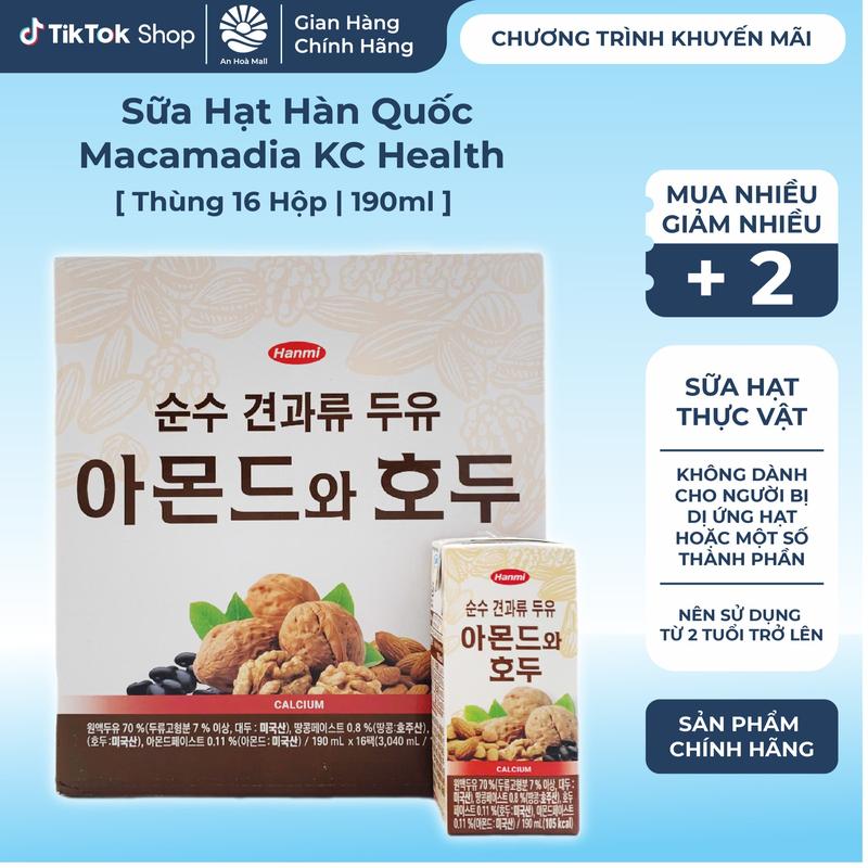    Thùng 16 Hộp   Sữa Hạt Hàn Quốc Óc Chó Hạnh Nhân Macca Organic Hanmi & KC Health 190ml 