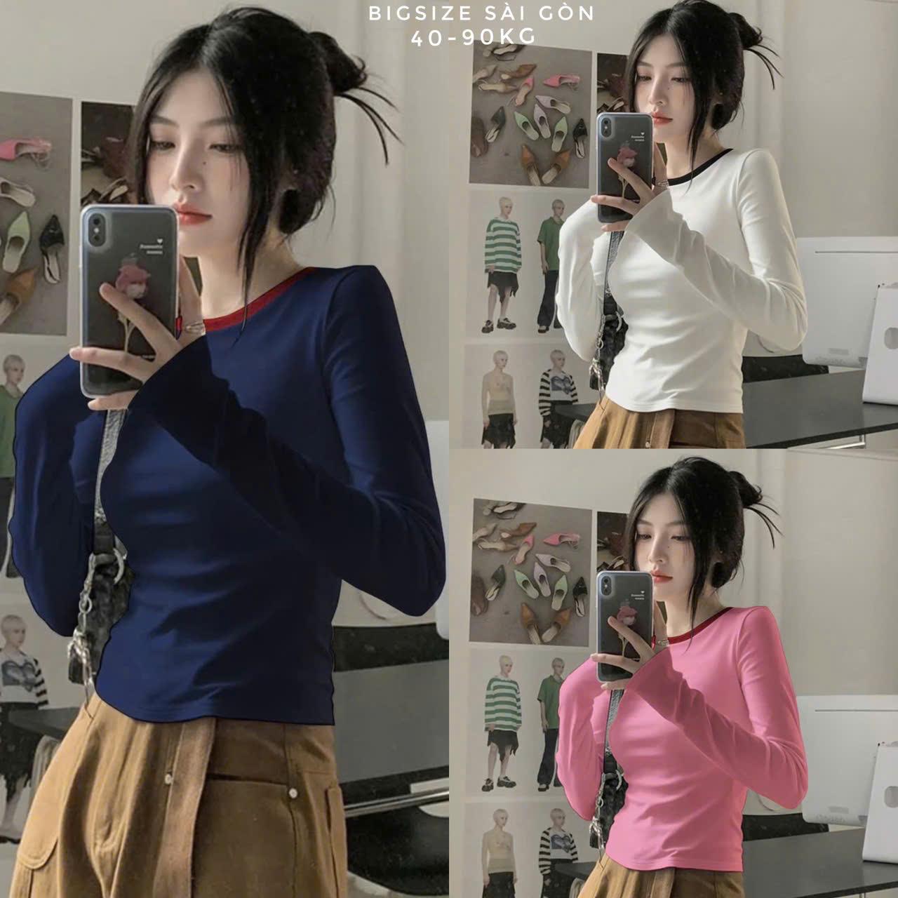 Áo Thun Nữ Tay Dài Phối Viền Cổ Vải Thun RuBy Cao Cấp Thanh Lịch Bigsize 45–90kg Dễ Thương Nữ Women Top Nhung - B.1667