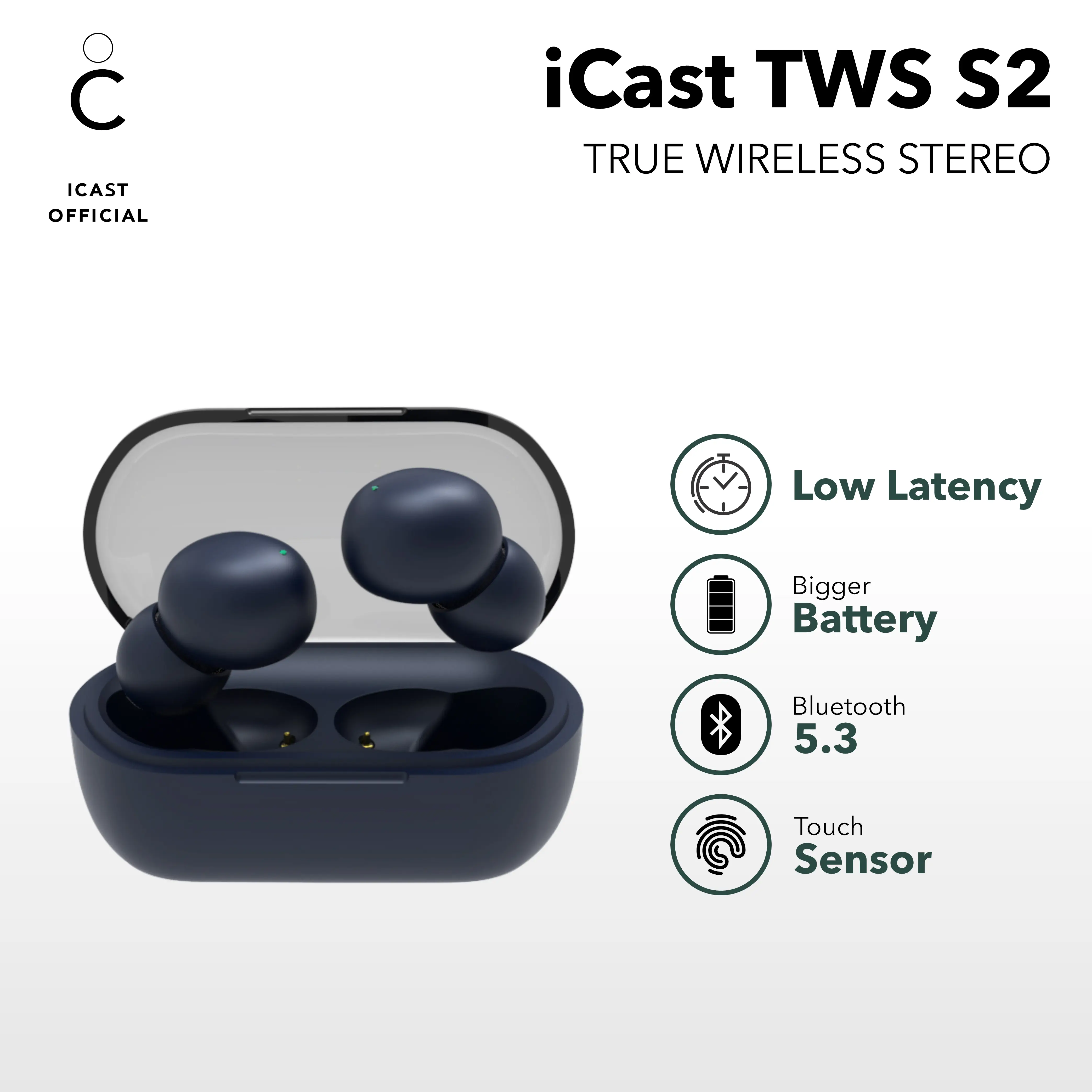 iCast TWS S2 Headset Bluetooth 5.3 Earbuds True Wireless S2 Earphone