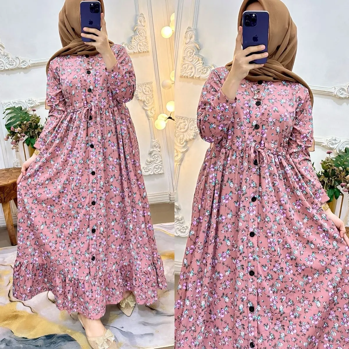 Gamis serut motif kancing muslimah panjang Wanita rempel busui dress mewah lebaran