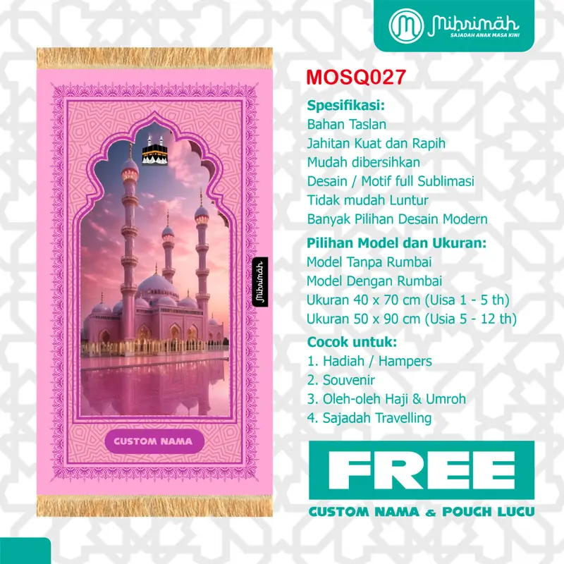 FREE CUSTOM NAMA - Sejadah Anak Perempuan anti Air- Design Trendi By Mihrimah - Mosque Series Series 2