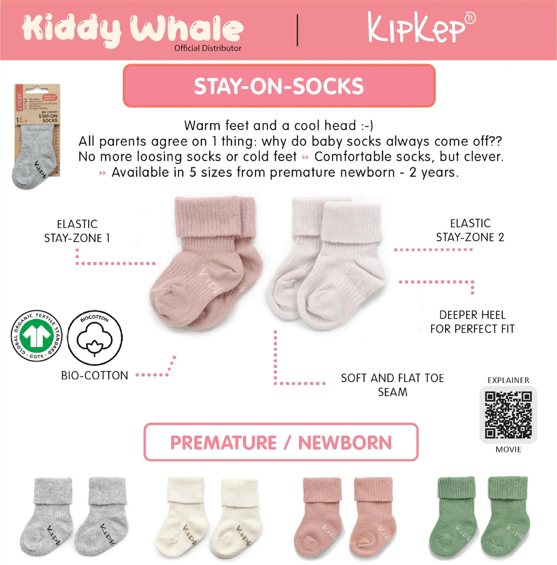 KipKep | Stay-on-Socks | Bio-Cotton | Premature to Newborn Baby