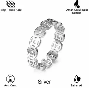 Cincin Perak Sterling 925 Pola Uang Mode Wanita - Hypoallergenic/Tahan Air