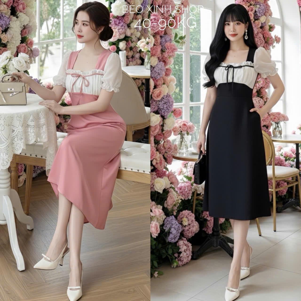 Váy Thời Trang Béo Xinh Bigsize Vải Cotton Lạnh Cho Các Nàng 50-100Kg Nữ Dress Women Tay Phồng Tay Bồng Đen - A.1330