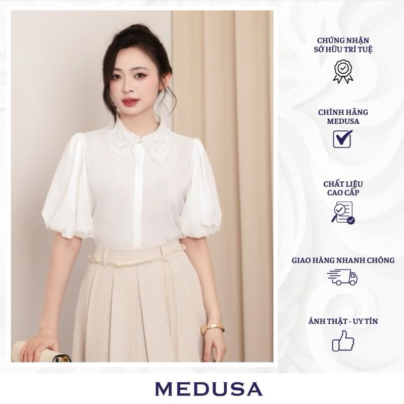 Kella Shirt - Áo sơ mi kiểu tơ sợi tre cổ ren đính ngọc trai tay chuông sang trọng Nữ Women Top Voi