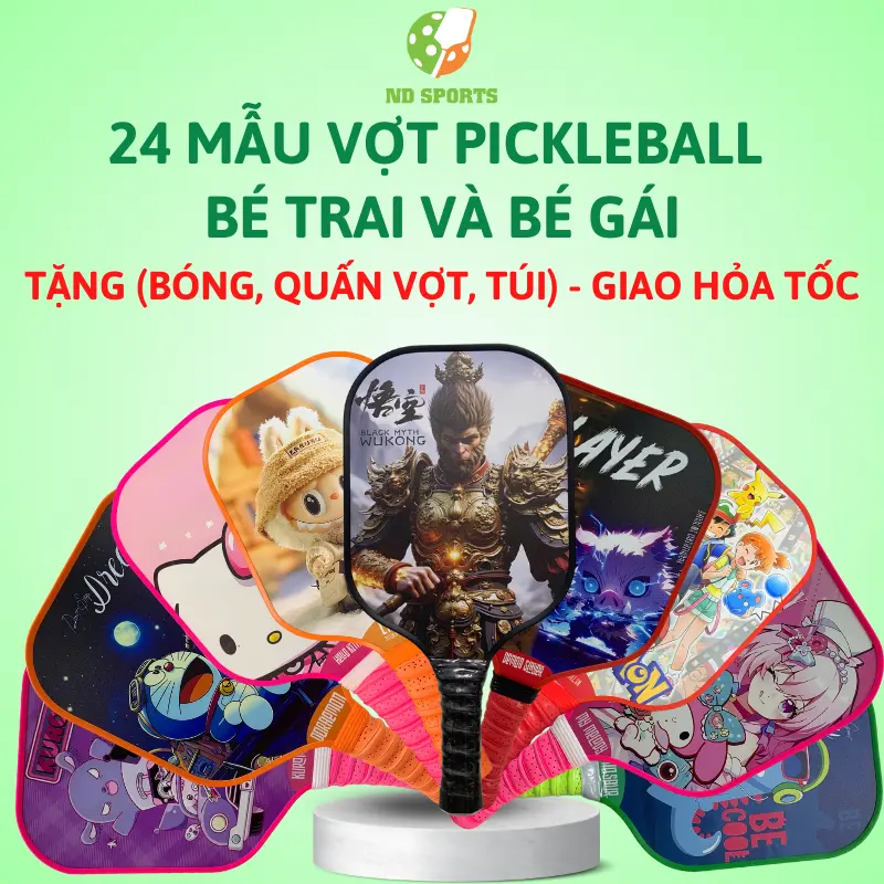 Vợt Pickleball Trẻ Em (tặng bóng, quấn vợt, túi) Vợt siêu nhẹ phù hợp lực của trẻ em, in 2 mặt sắc nét, độ bền cao