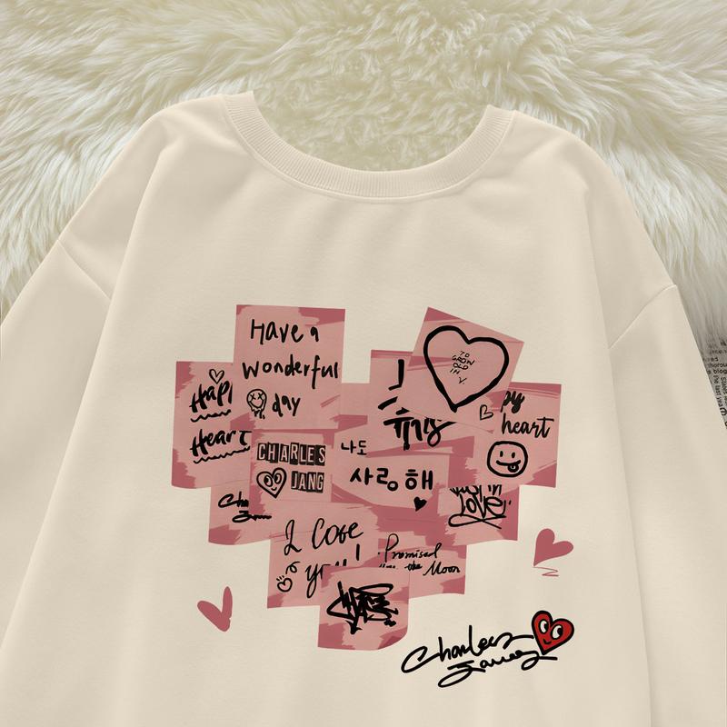 P000283 Hoodie wanita sweater hoodie leher bulat wanita / Catatan tempel berbentuk hati retro Amerika / sweater gaya kebesaran kasual modis  crewneck cewek aesthetic 1