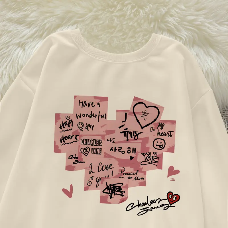 P000283 Hoodie wanita sweater hoodie leher bulat wanita / Catatan tempel berbentuk hati retro Amerika / sweater gaya kebesaran kasual modis  crewneck cewek aesthetic 1