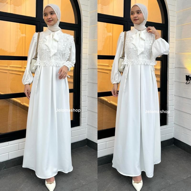 Dress Muslimah LOLI Wanita Model Rompi Tille Bordir dengan Leher Pita dan Lengan Karet - Fit Menyusui Cantik 6