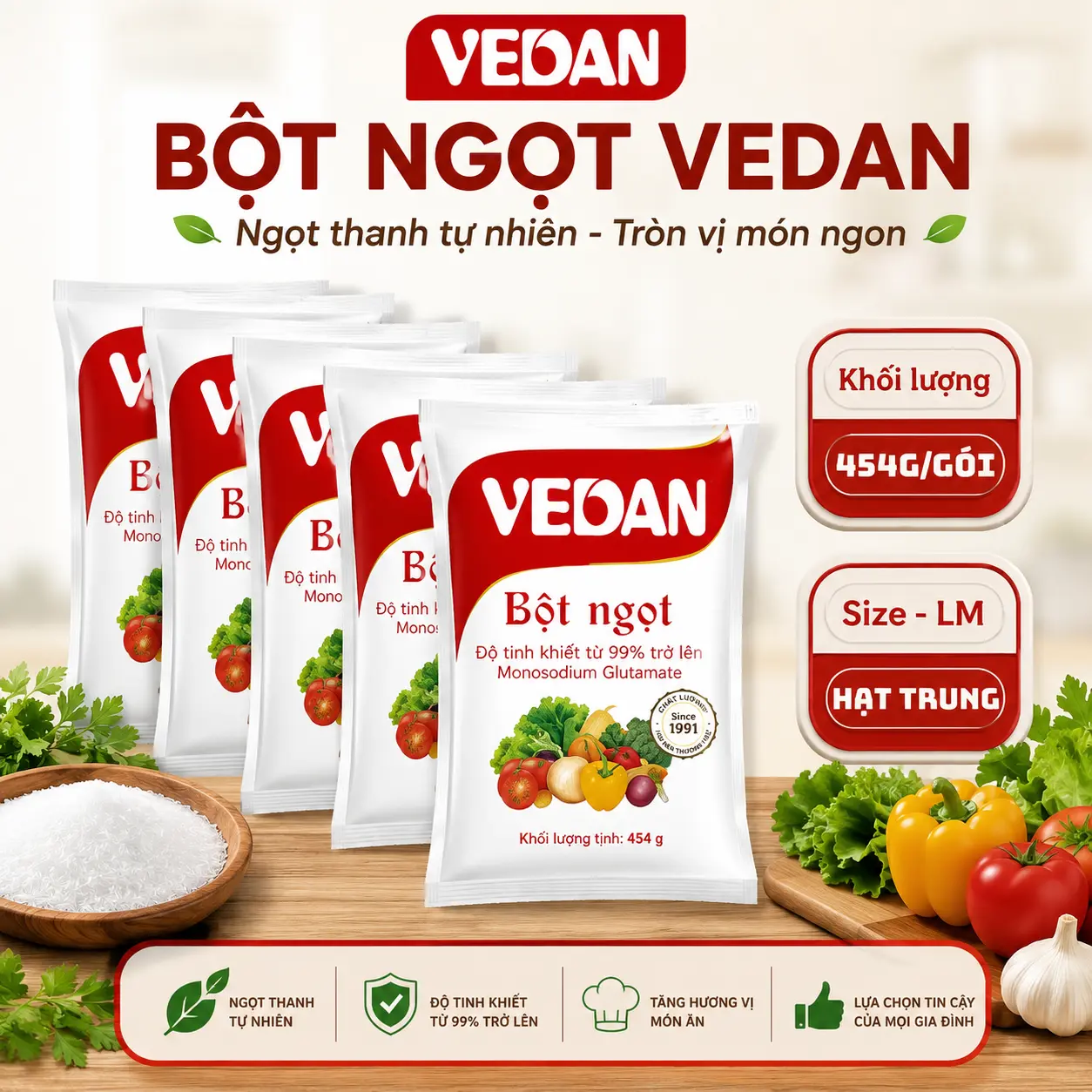 Combo 5 Bột Ngọt 454g Hạt Trung VEDAN - Size LM -  Gia Vị Hoàn Hảo Cho Mọi Món Ăn