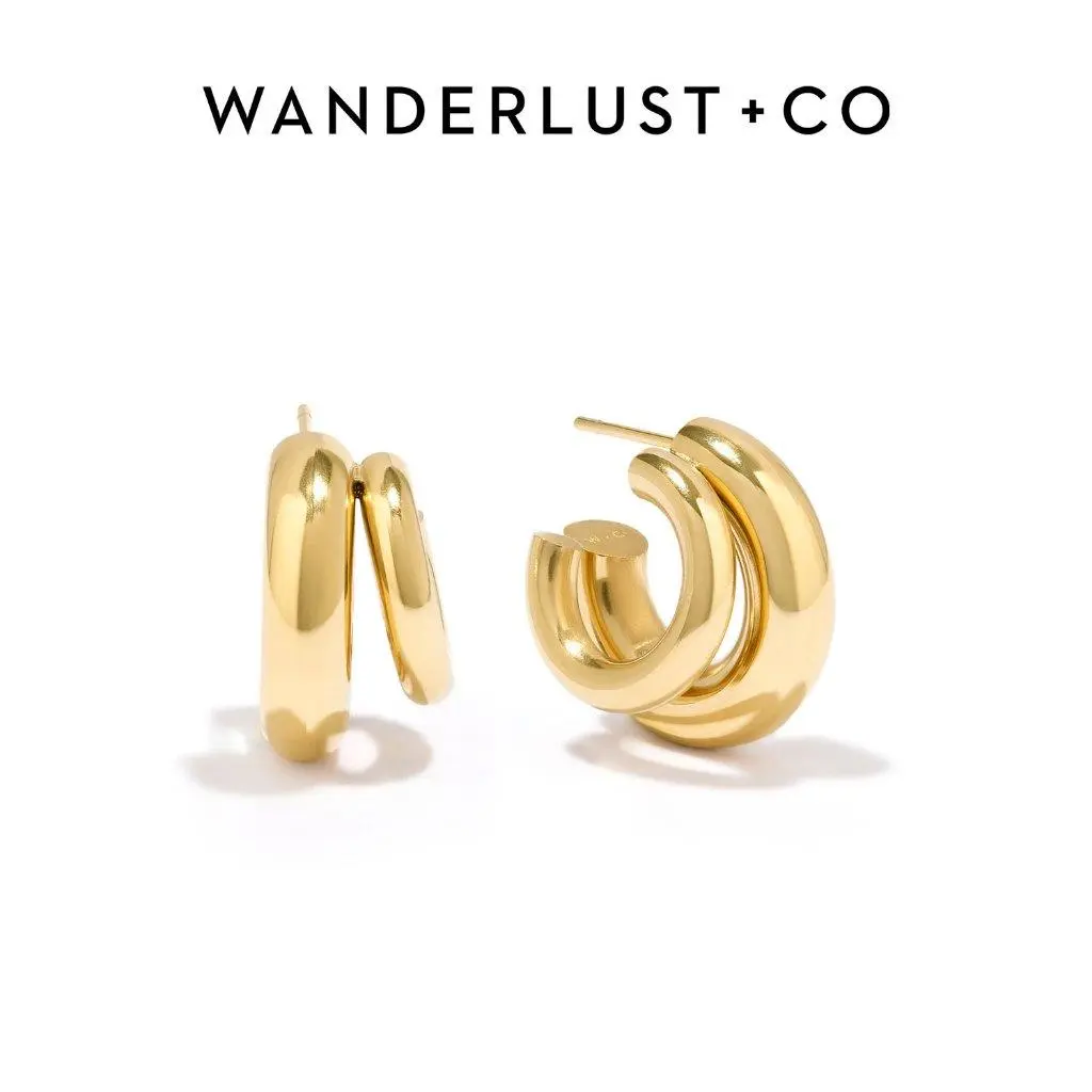 Wanderlust + Co Hailey Double Nano Hoop 9mm Earrings 14K Gold / Rhodium Plated Stainless Steel Hypoallergenic Jewelry Shower-safe