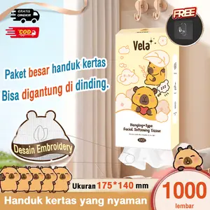 [3 PACK]4 PLY, VELA air-CushionTisu  Muka Deluxe Lembut 175*140mm 1000 SHEETSTISSUE Capybara VELA GANTUNG Tissue  halus 1free hook Lebaran