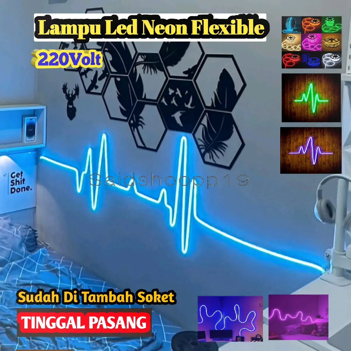 COD Lampu Motif Detak jantung Led Neon Flex 220V 1-5Meter sudah termasuk soket, Variasi Kamar Pelapon #Aesthetic Blue Kuning ice blue
