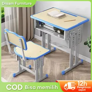 DF1-Set Meja Kursi Belajar Anak Multifungsi Rangka Besi Kokoh Kapasitas 200kg Warna Abu Abu Desain Modern Untuk TK SD SMP Meja Adjustable Kursi Ergonomis Mudah Dipasang Aman dan Stabil dengan Rak Buku Tempat Penyimpanan Bahan Berkualitas Tinggi
