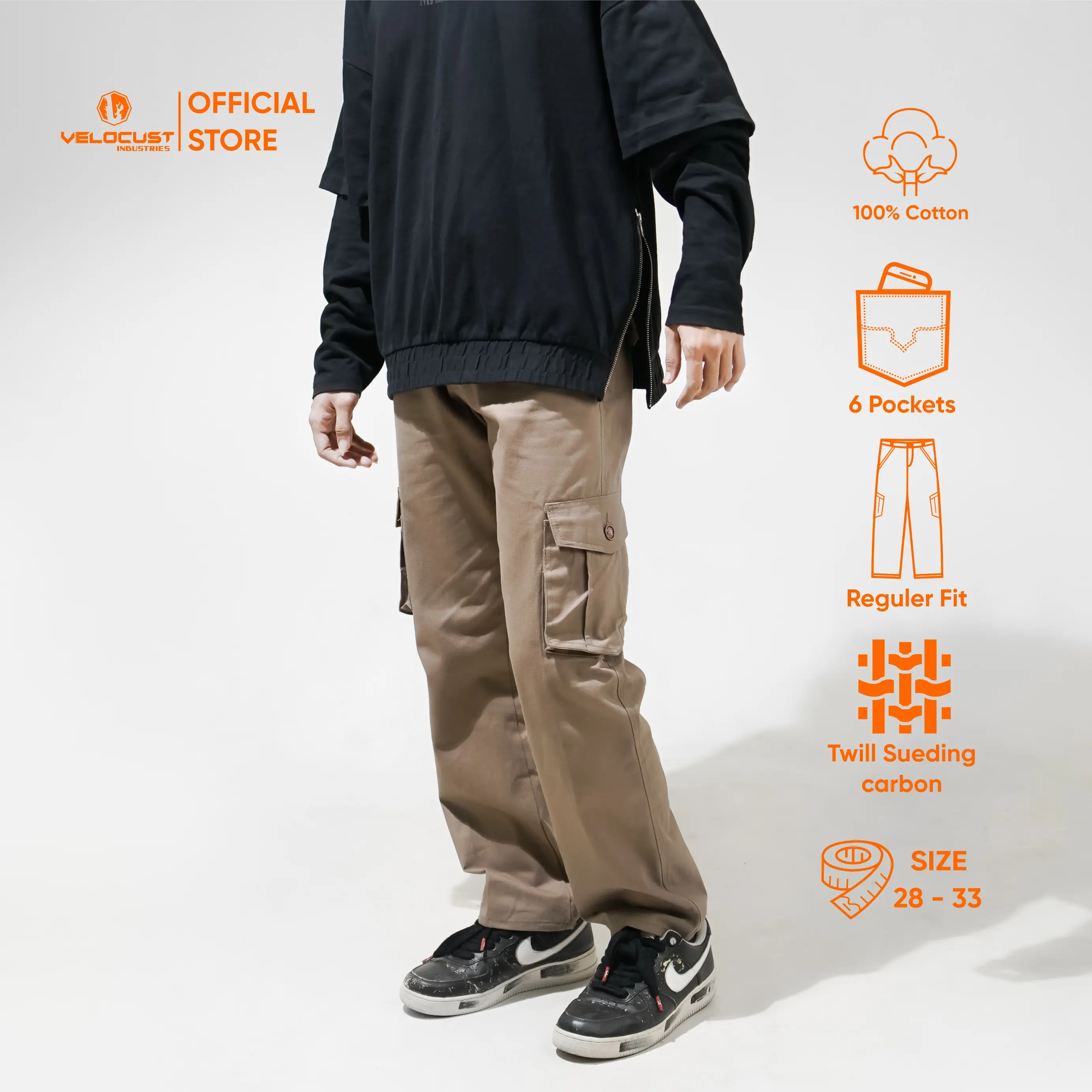VELOCUST - Celana Panjang Twill Cargo Pants Reguler Loosefit Kantong Kembung Casual