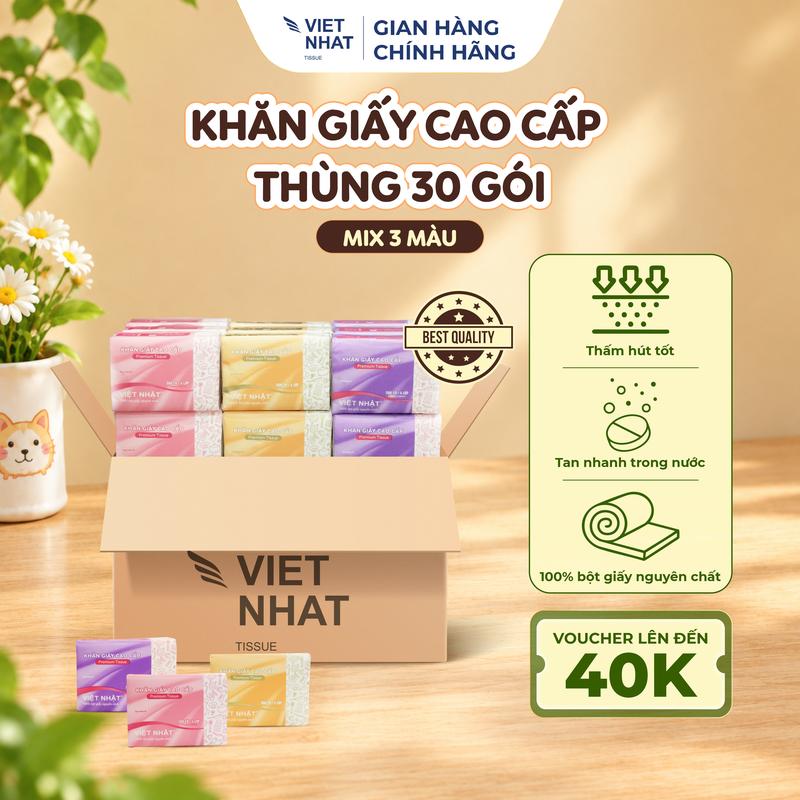 [THÙNG 30 GÓI SIÊU TIẾT KIỆM] Thùng 30 Bịch Giấy Rút Việt Nhật Để Bàn 300 Tờ - 4 Lớp Mix 3 Màu, Giấy Mềm Dai Thấm Hút Tốt Cho Gia Đình