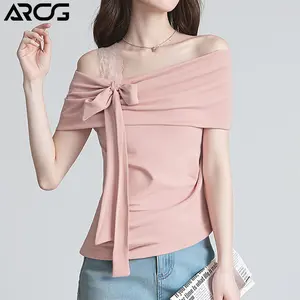 【ARCG】 Kaos Pendek Wanita Model Korea Tebal Panjang Rompi Hitam Putih Kamisol Warna Pink dengan Tali Ikat Simpul Kupu-kupu