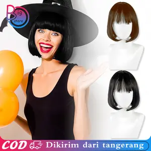 ​​Wig Rambut Pendek Wanita Full Kepala Black Brown Keren Model Lurus Dengan Poni Modern Trendy