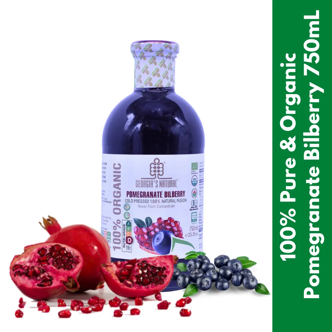 【Georgia's Natural】100% Pure Organic Pomegranate Bilberry Juice 750mL | 100% Pure Organic | NEVER From Concentrate | Premium Pure Fruit Beverage No Sugar Added