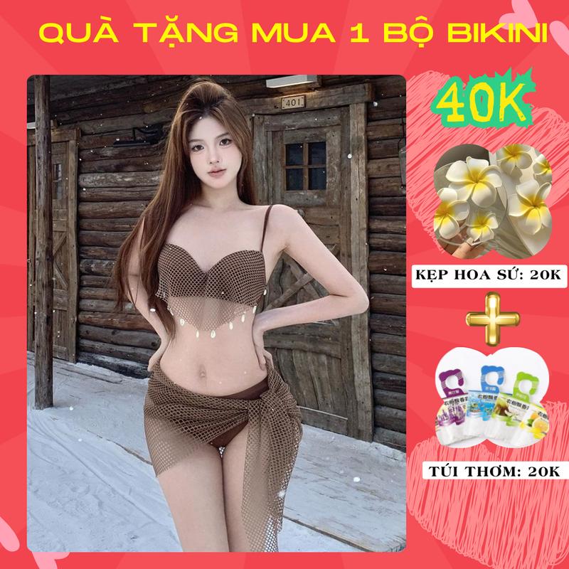 Bikini 2 mảnh đi biển màu nâu sang chảnh đồ bơi set 3 chi tiết áo 2 dây quần kèm khăn quấn MÀU NÂU 714 A1
