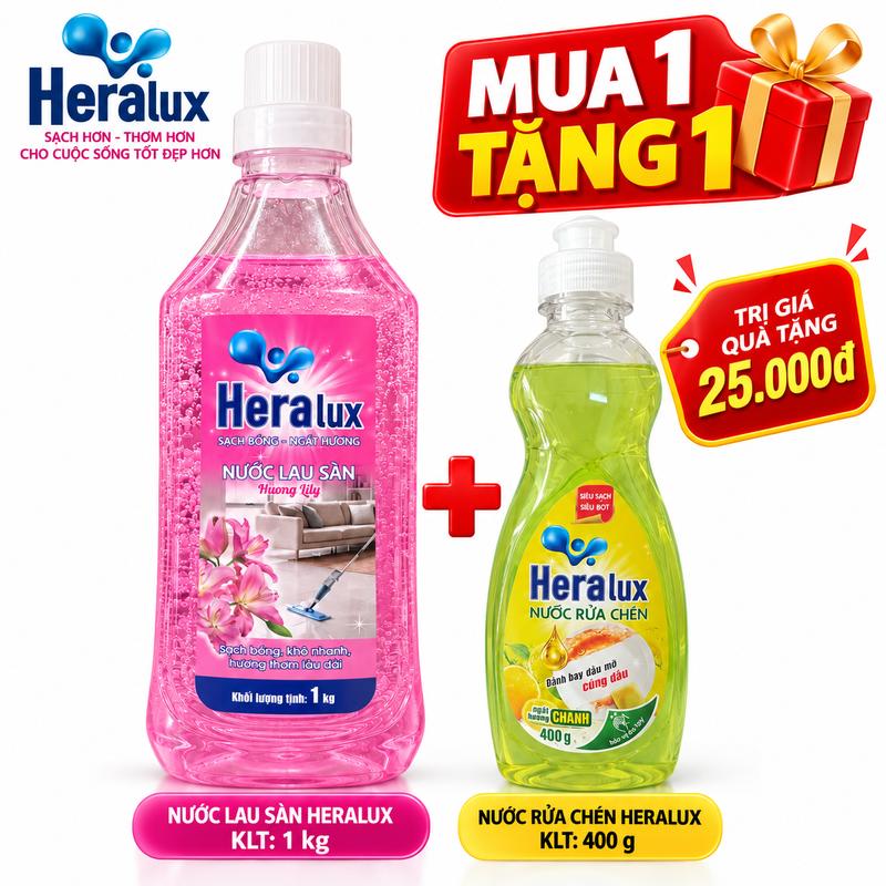 Lau sàn HERALUX Chai 1kg - sạch nhà - sáng bóng - đuổi côn trùng - hương thơm thư giãn tặng 1 chai nước rửa chén 400 g
