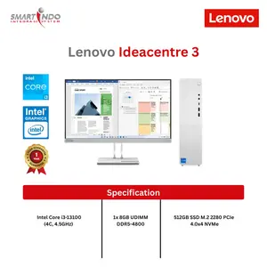 SMARTINDO - Lenovo IdeaCentre 3 08IRR9 90XS001KID i3 13100, 8 GB , 512 SSD , DOS, Cloud Grey, 1 years