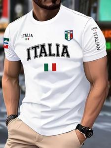 イタリア風のファッション文字入り半袖Tシャツ、クリエイティブなプリントのメンズカジュアルトップス、シンプルでトレンディかつ多用途なデザイン、オールシーズン着用可能