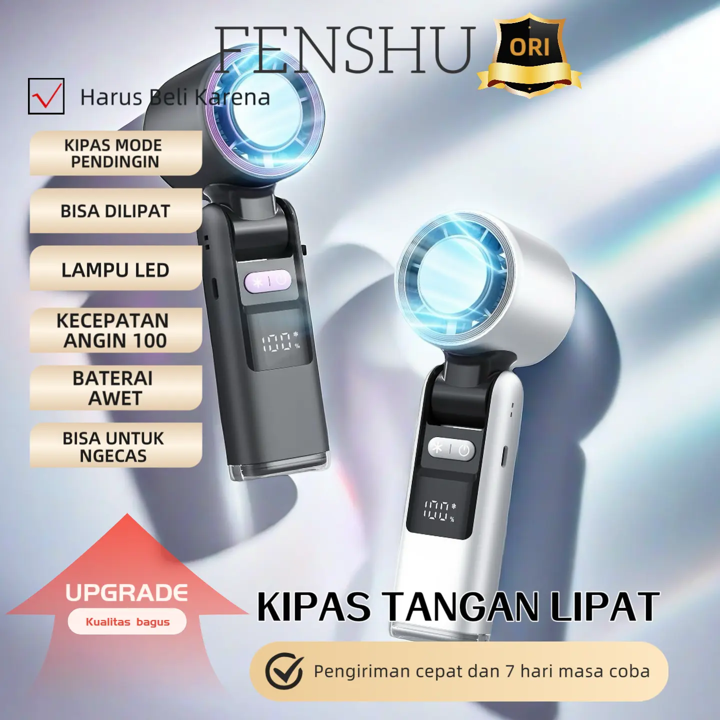 FENSHU Kipas Pendingin Lipat ZD03 Portable Revolusioner Mode Dingin Kecepatan Tinggi 100 Putaran Dengan Tali & Lampu Senter [MODEL TERBARU 2025] - Angin